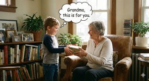 A young boy handing his Grandma a gift