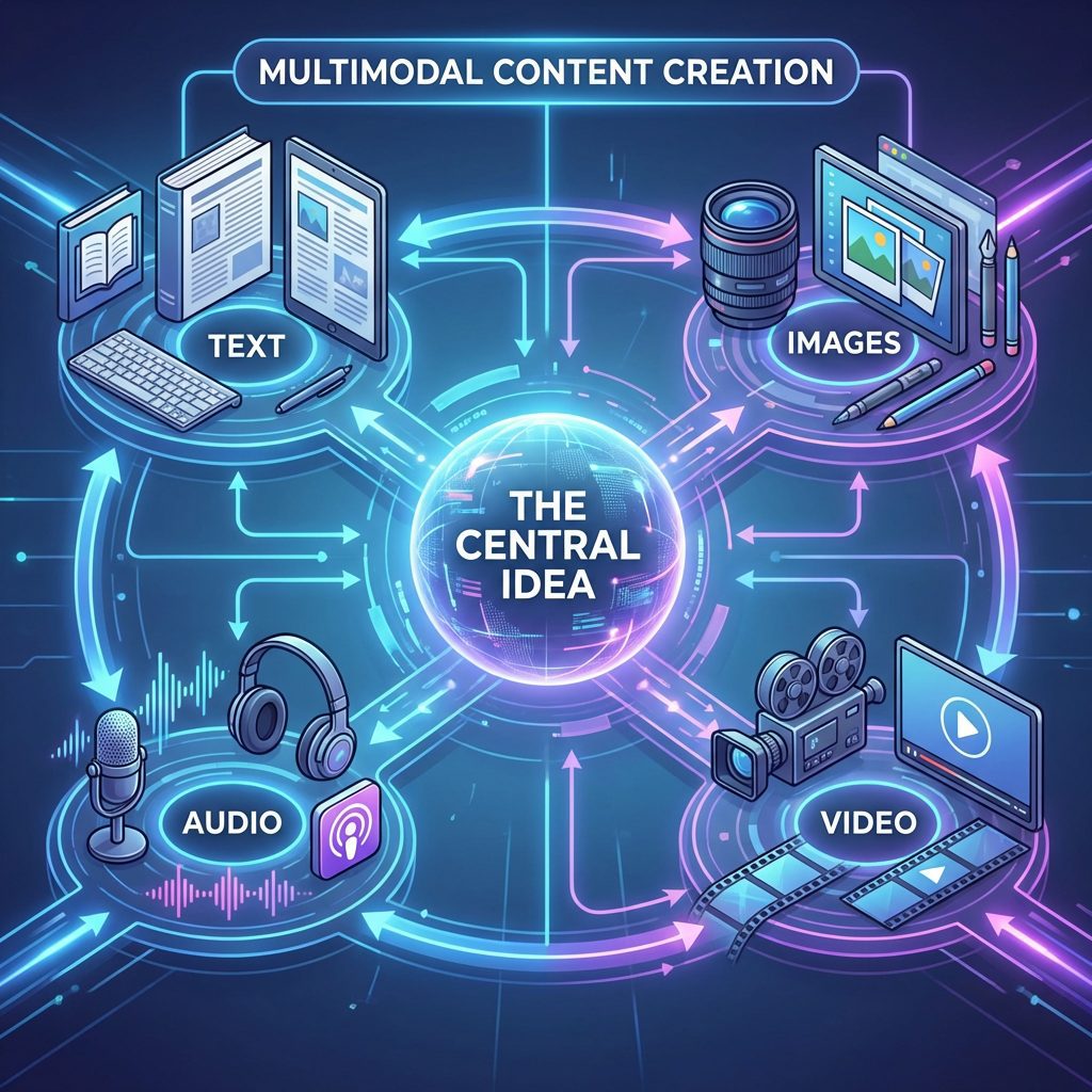 multimodal content creation starts with an idea, Turn this idea into text, images, audio and even video.