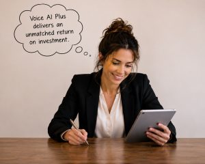 A happy real estate agent who benefits from Voice AI Plus.