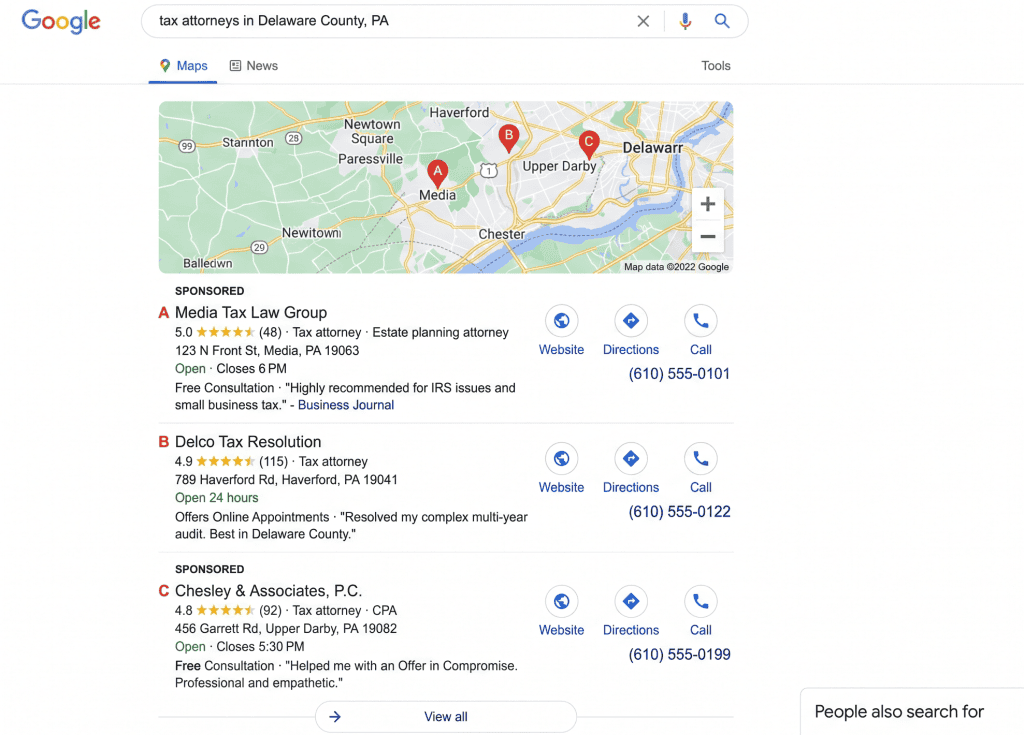 Google Business Profile Categories are clearly shown in a Google 3-Pack listing
