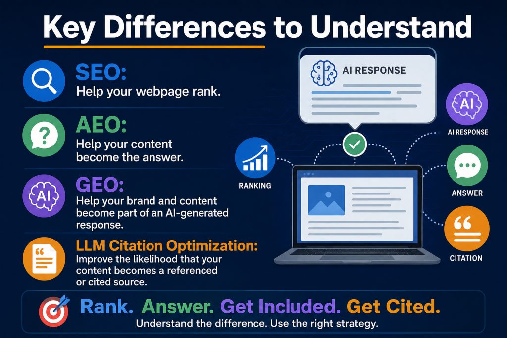 Answer engine optimization is different from SEO and GEO. This chart explains these differences
