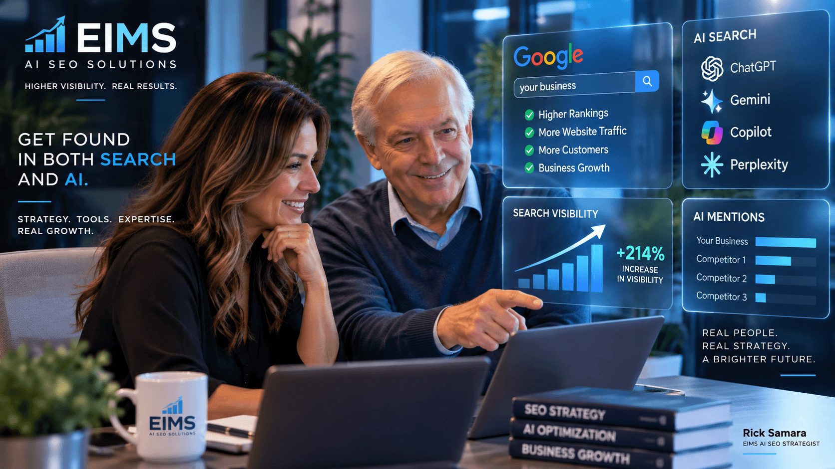 E-Internet Marketing Services helps small and local businesses improve their visibility across Google Search, Google Maps, ChatGPT, Gemini, Copilot and other AI-powered search experiences. We combine proven SEO with Answer Engine Optimization, Generative Engine Optimization, local search, entity building and AI-ready content so search engines and AI systems can better find, understand and recommend your business.